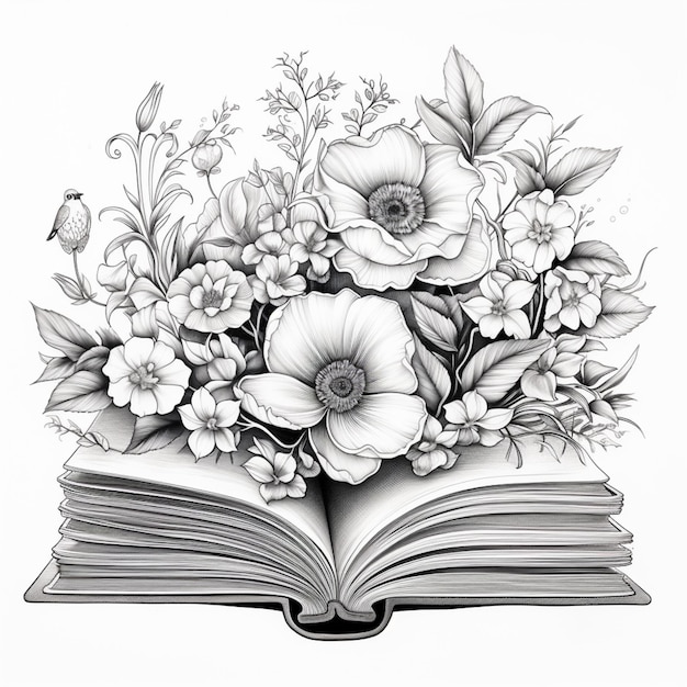 un disegno di un libro con fiori e un libro aperto ai generativa