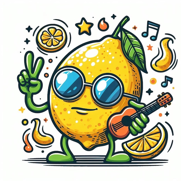 un disegno di un limone con occhiali da sole e una chitarra