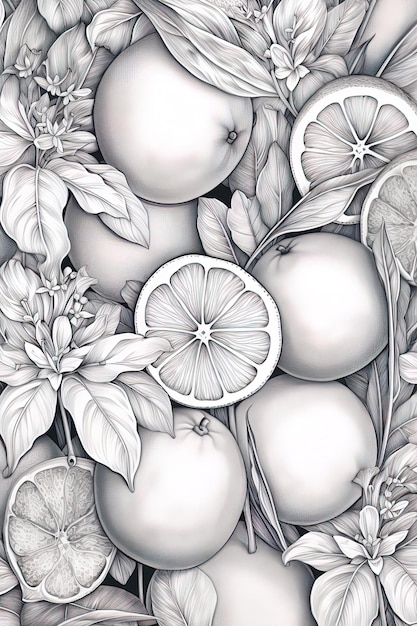 un disegno di un limone e foglie su uno sfondo bianco.