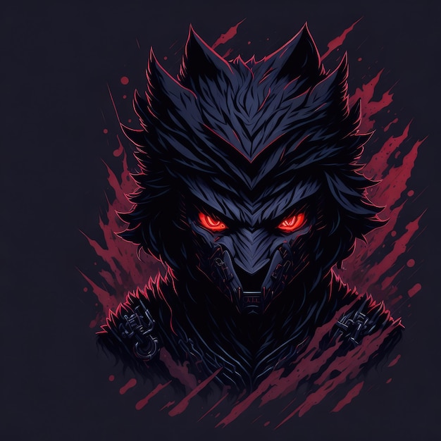 Un disegno di un lupo con gli occhi rossi e uno sfondo nero.