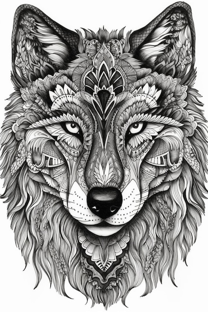 Un disegno di un lupo con un motivo tribale.