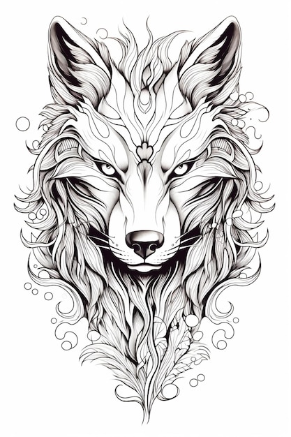 Un disegno di un lupo con una lunga criniera e un ai generativo di fiori