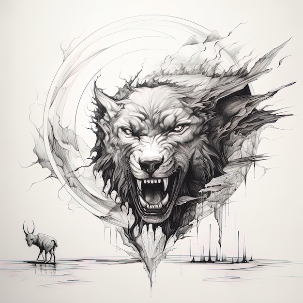 un disegno di un lupo con una testa di lupo e una testa di lobo sullo sfondo