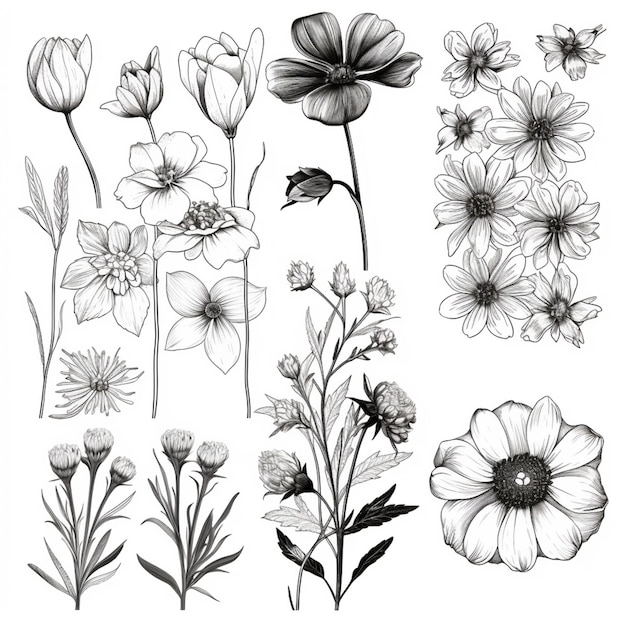 Un disegno di un mazzo di fiori che sono su uno sfondo bianco ai generativo