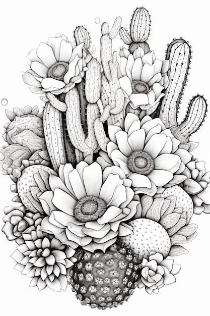 Un disegno di un mazzo di fiori con cactus e altre piante generative ai