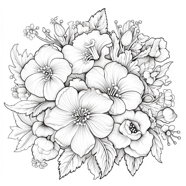 Un disegno di un mazzo di fiori con foglie e fiori generativi ai