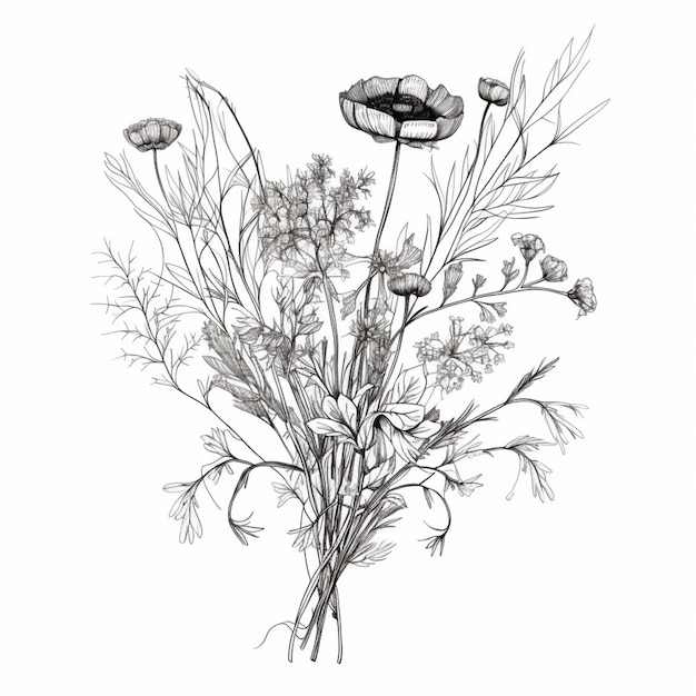 un disegno di un mazzo di fiori con foglie e steli generativi ai