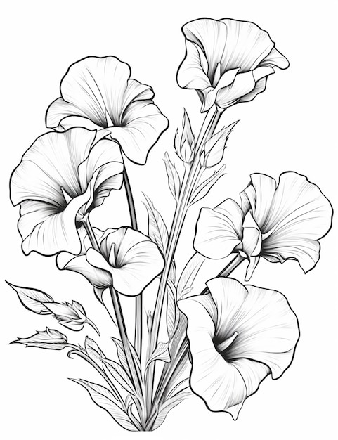 un disegno di un mazzo di fiori con foglie su sfondo bianco ai generativa