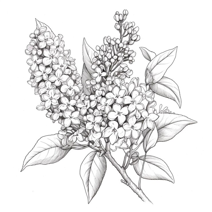 Un disegno di un mazzo di fiori con foglie su un ramo generativo ai