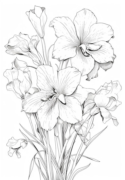 Un disegno di un mazzo di fiori con foglie su uno sfondo bianco ai generativo