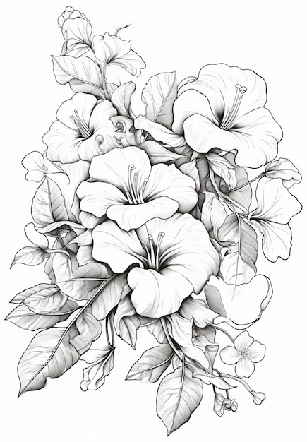 un disegno di un mazzo di fiori con foglie su uno sfondo bianco