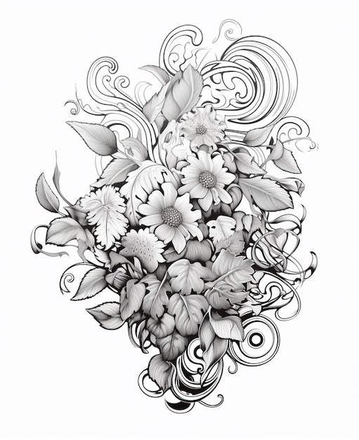 un disegno di un mazzo di fiori con vortici e vortici generativi ai