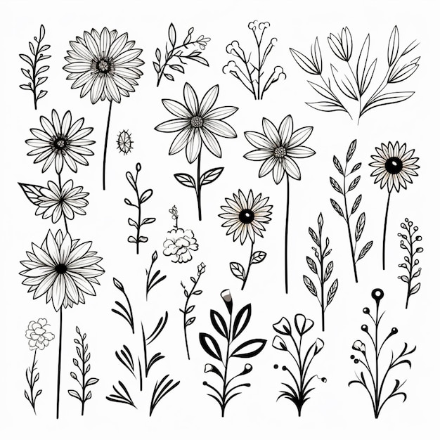 un disegno di un mazzo di fiori e piante su sfondo bianco ai generativa