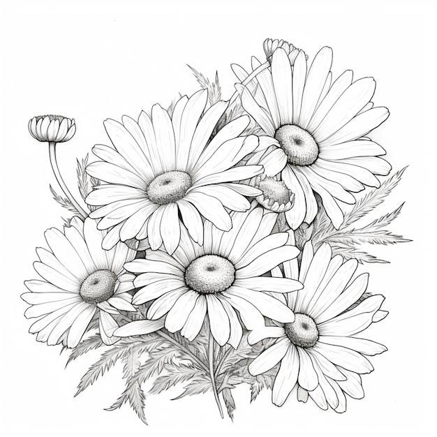 Un disegno di un mazzo di margherite con foglie e fiori generativi ai