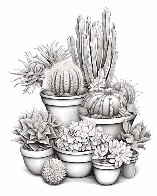 un disegno di un mazzo di piante in vaso con cactus ai generativi