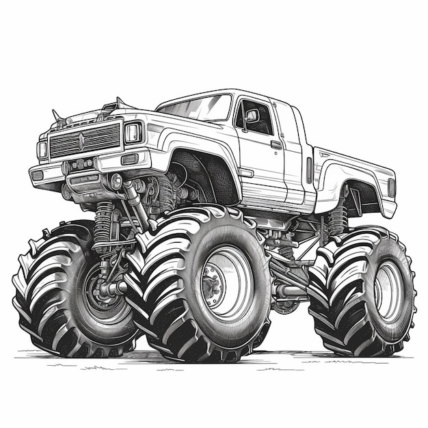 Un disegno di un monster truck con enormi pneumatici su uno sfondo bianco ai generativo