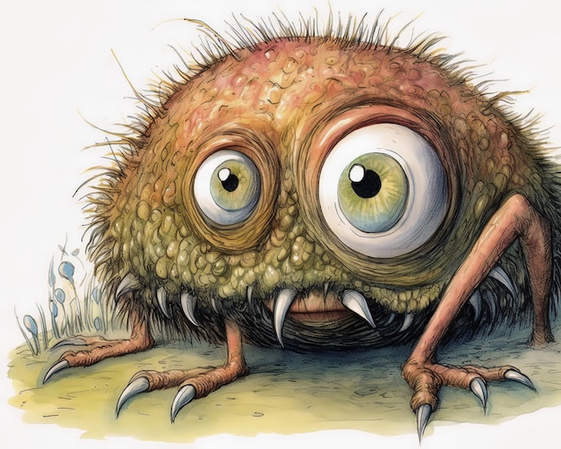 Un disegno di un mostro con due occhi e un grande occhio verde