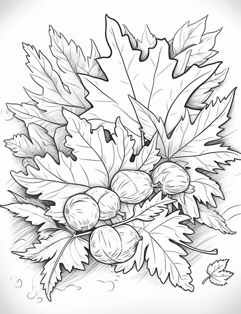 un disegno di un mucchio di foglie e ghiande con foglie generative ai