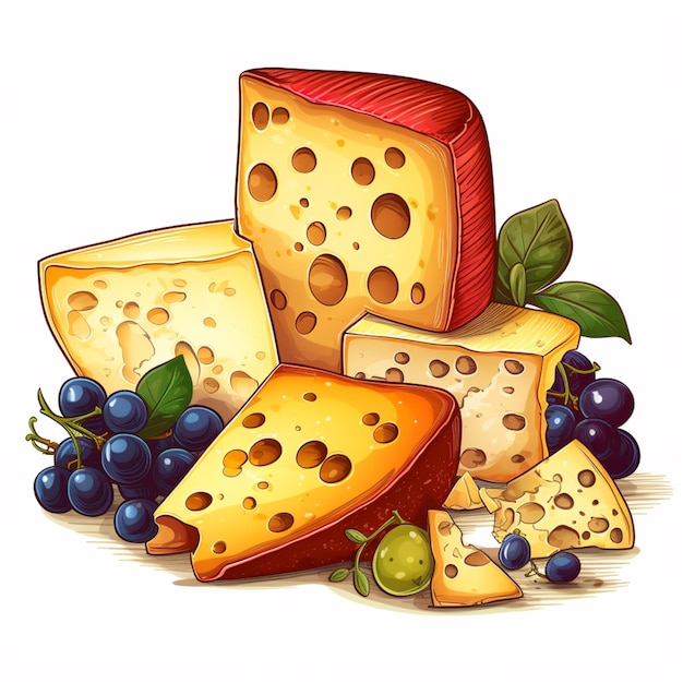 Un disegno di un mucchio di formaggio con mirtilli e uva.