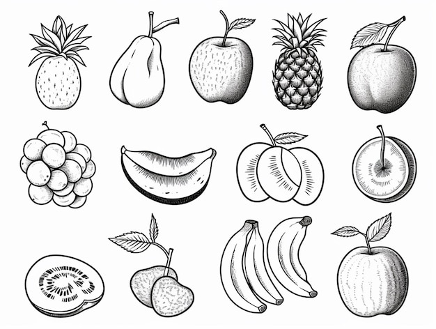 un disegno di un mucchio di frutta e verdura diversa ai generativa