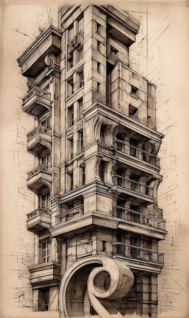 Un disegno di un numero in cima a uno schizzo di un edificio cubismo dettagliato AI generato AI generativ AI generativ