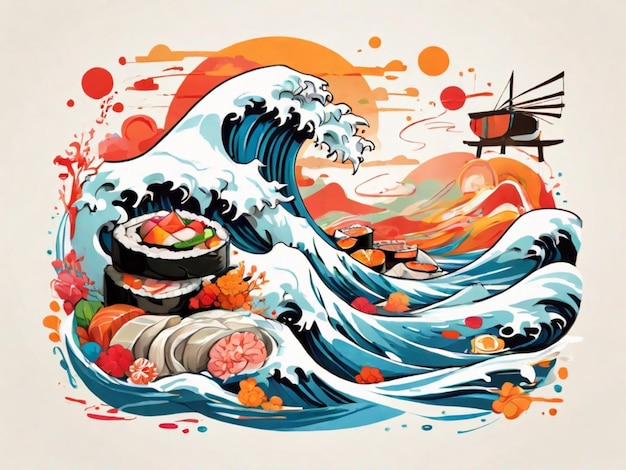 un disegno di un'onda che ha una foto di sushi su di esso