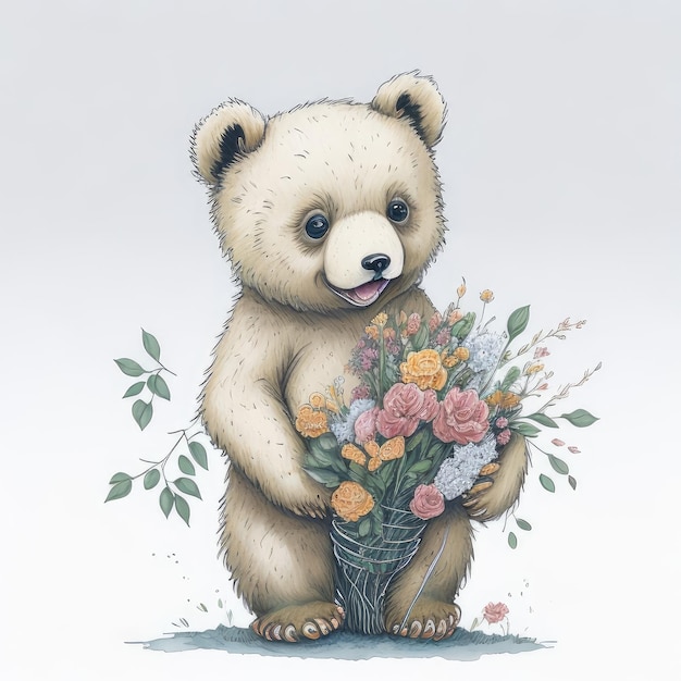 Un disegno di un orso con in mano un mazzo di fiori