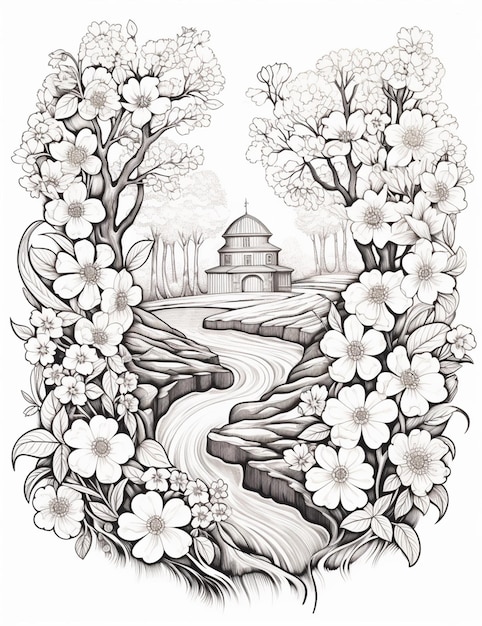 un disegno di un paesaggio con un fiume e una pagoda ai generativa