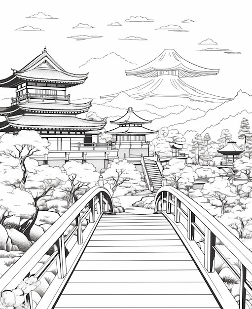 Un disegno di un paesaggio giapponese con un ponte e una pagoda