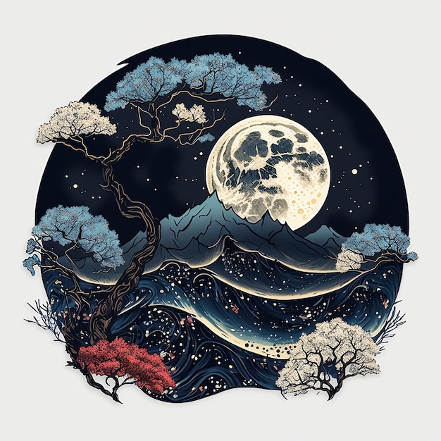 Un disegno di un paesaggio montano con luna e stelle.