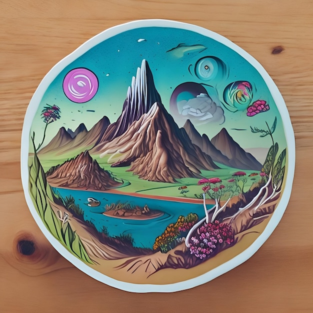 Un disegno di un paesaggio montano con sopra un lago e delle montagne.