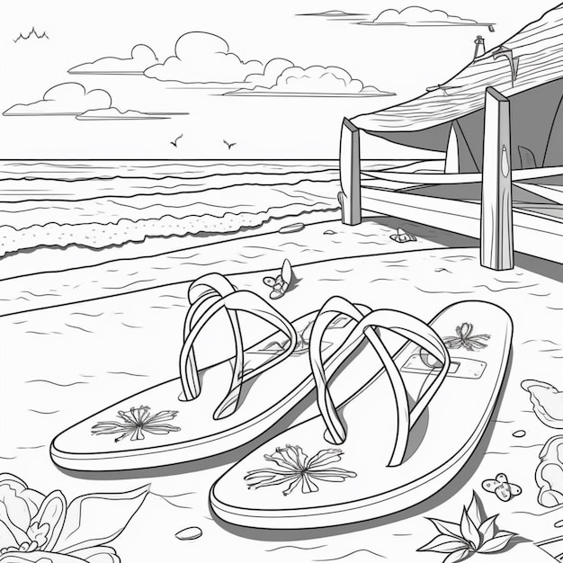 un disegno di un paio di pantofole sulla spiaggia generativa ai