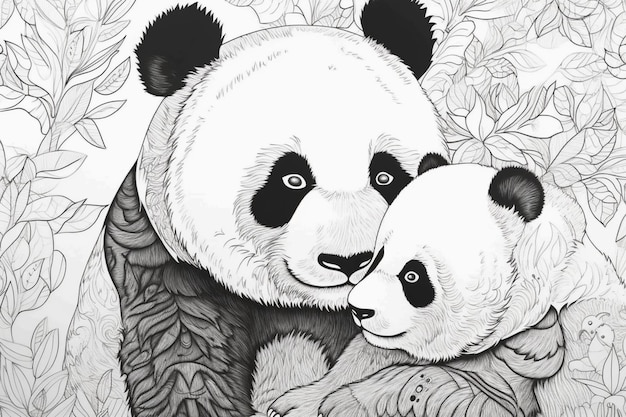 Un disegno di un panda e del suo cucciolo.