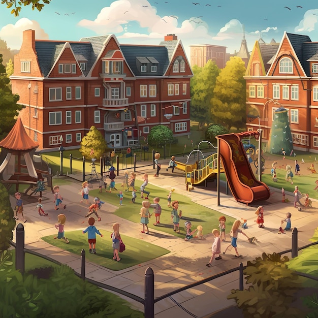 Un disegno di un parco giochi con uno scivolo e un edificio sullo sfondo