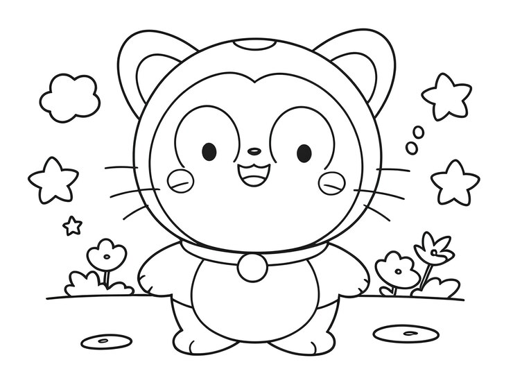 un disegno di un personaggio di cartone animato con una penna e fiori
