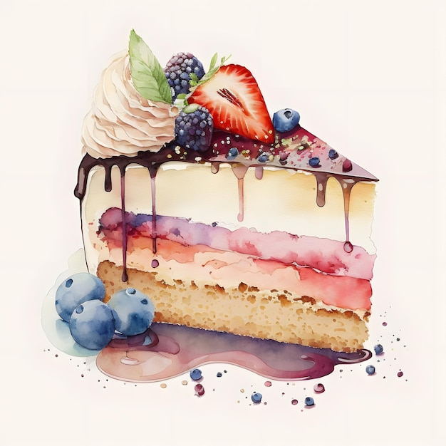 Un disegno di un pezzo di torta con mirtilli e fragole