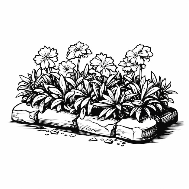 un disegno di un piantatore con fiori e rocce su uno sfondo bianco ai generativo