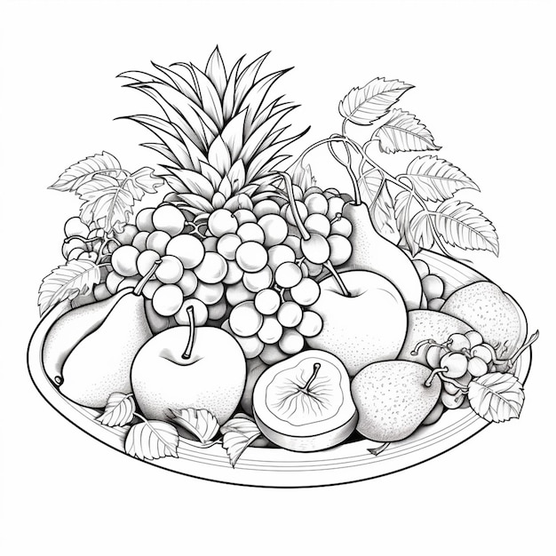 un disegno di un piatto di frutta con un ananas e un'ananas generativa ai