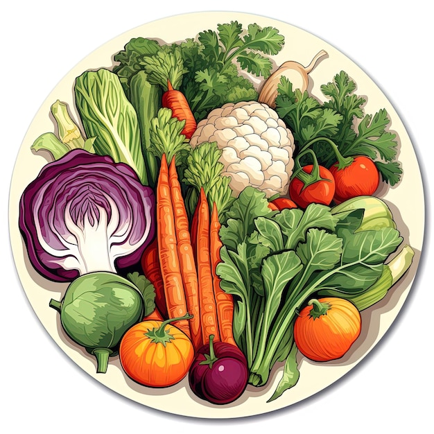 un disegno di un piatto di verdure tra cui carote, ravanelli, ravanelli, ravanelli e ravanelli.