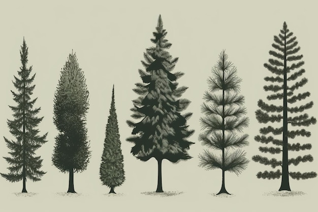 Un disegno di un pino con le parole "alberi" sul fondo.