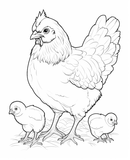 Un disegno di un pollo e due pulcini in piedi a terra