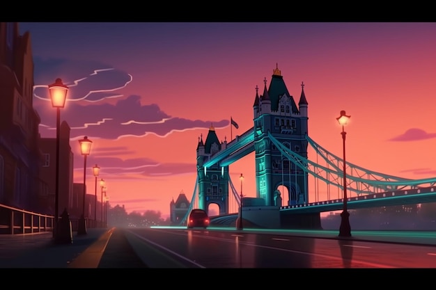 Un disegno di un ponte a londra al tramonto