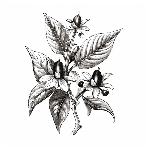 un disegno di un ramo di chicchi di caffè con foglie e fiori