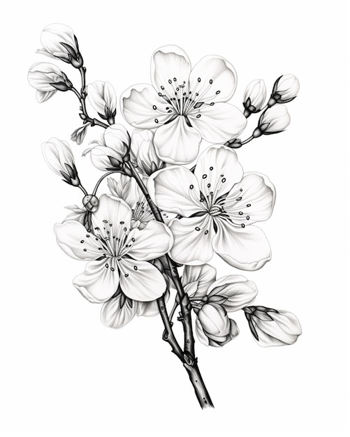 un disegno di un ramo di un ciliegio con fiori ai