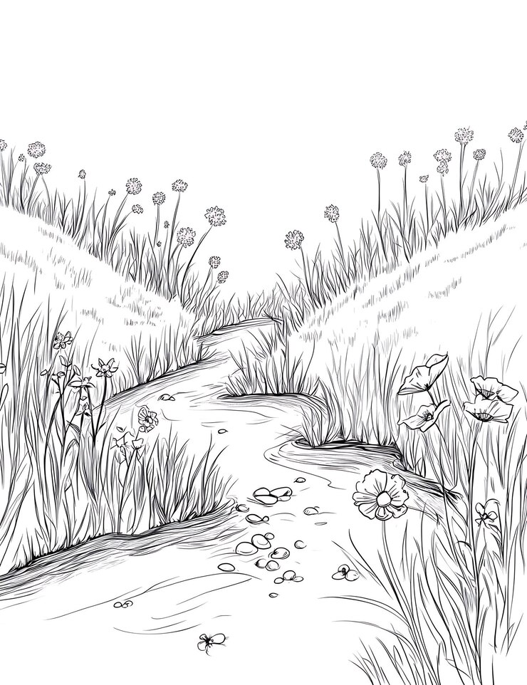 Foto un disegno di un ruscello che scorre attraverso un campo di erba