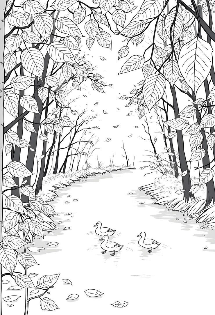 Foto un disegno di un sentiero con anatre e alberi