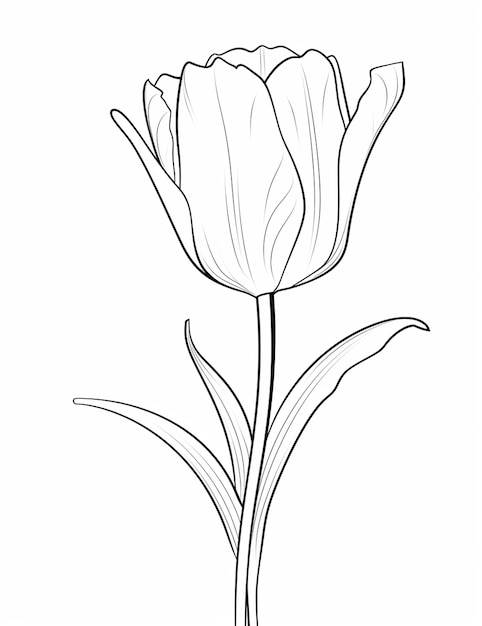 un disegno di un singolo fiore con foglie su uno sfondo bianco