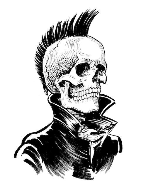 Un disegno di un teschio con un mohawk e un mohawk