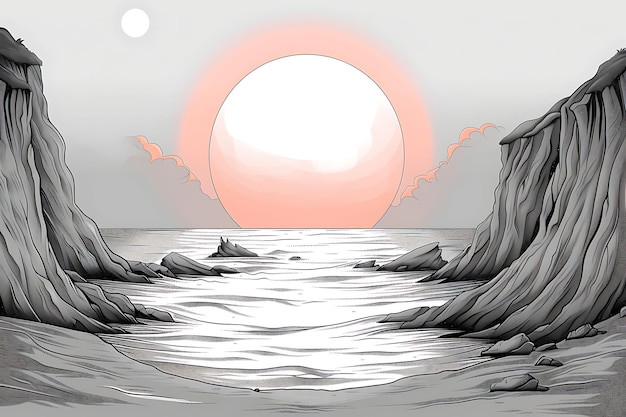 un disegno di un tramonto con una grande palla arancione al centro dell'acqua
