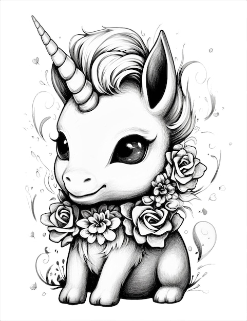 Un disegno di un unicorno con dei fiori